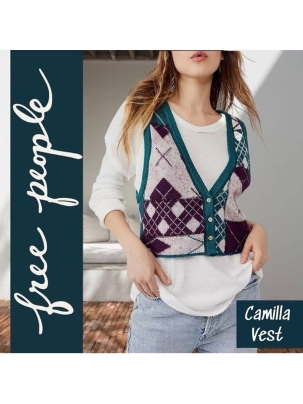 FREE PEOPLE Camilla Retro-Preppy Button-Front Deep V-Neck Knitted Vest/LG NWT